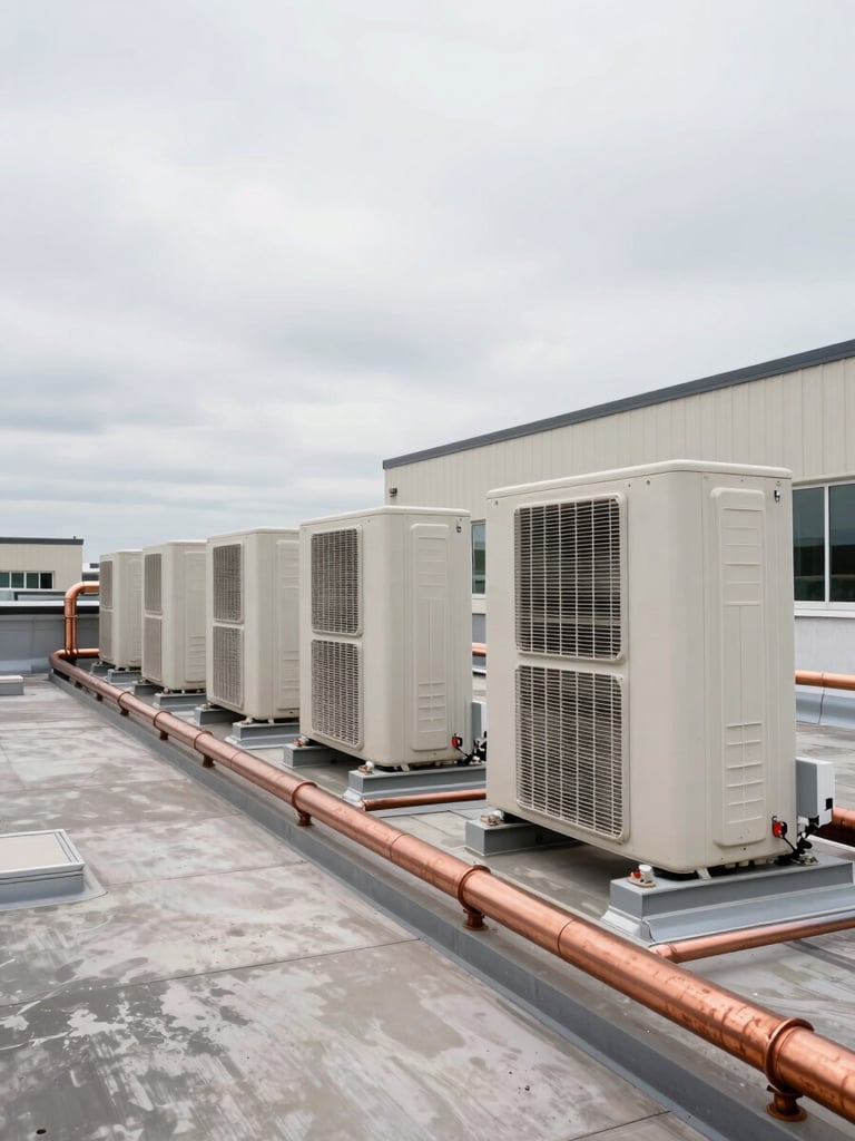 Wide shot of rooftop HVAC condensing units installed in a row on a commercial building roof, copper refrigerant lines running along a cable tray beside them, overcast sky providing flat even light, no people