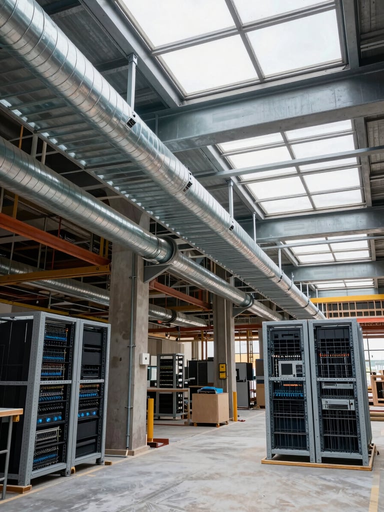 Wide environmental shot of an active commercial job site—cable trays and conduit runs spanning a ceiling grid, HVAC ducting partially installed alongside data network racking, overcast daylight through industrial skylights, no workers visible, scale of multi-discipline installation evident