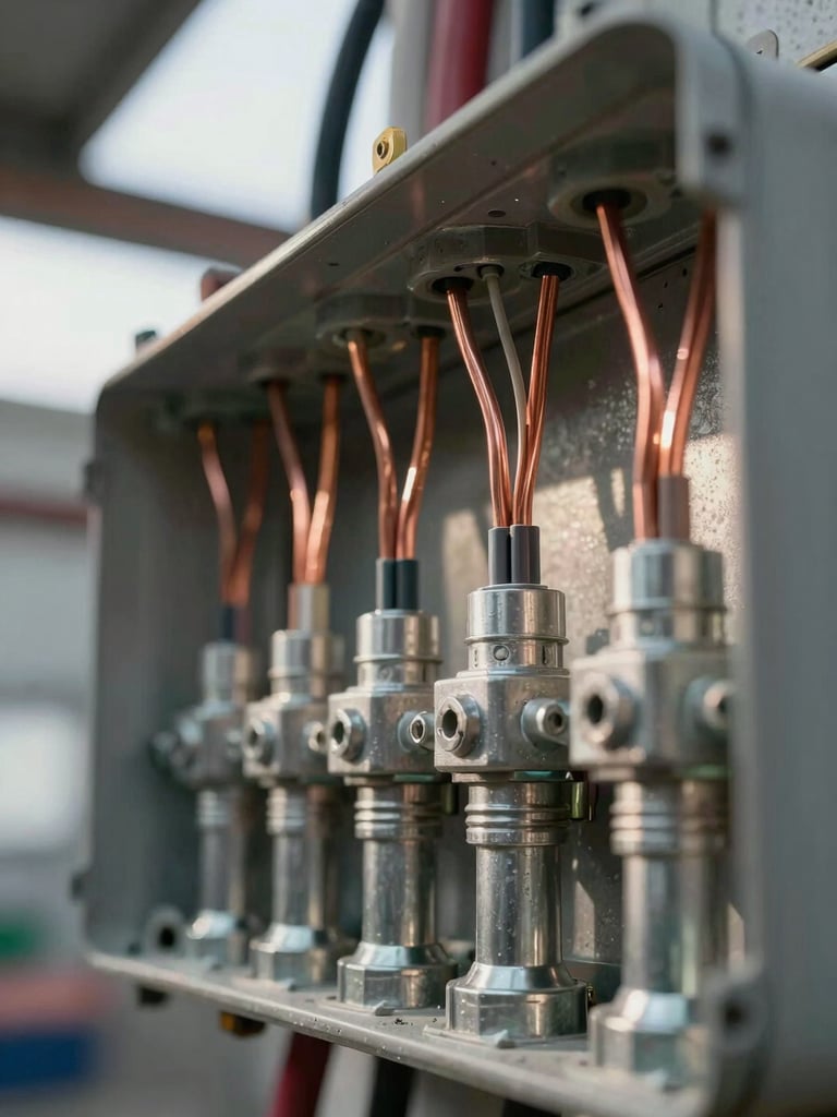 Extreme close-up framing of a dense electrical conduit junction box mid-installation, copper wire terminations visible, industrial task lamp casting hard shadows across steel fittings, overcast ambient light from a warehouse opening in the background—no people, no text, tight on workmanship detail