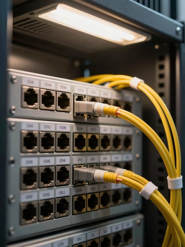 Extreme close-up of a network rack interior under task lighting—patch panel ports terminated with RJ45 connectors, cable labels visible, copper and fiber runs bundled with velcro ties, industrial ambient light from above