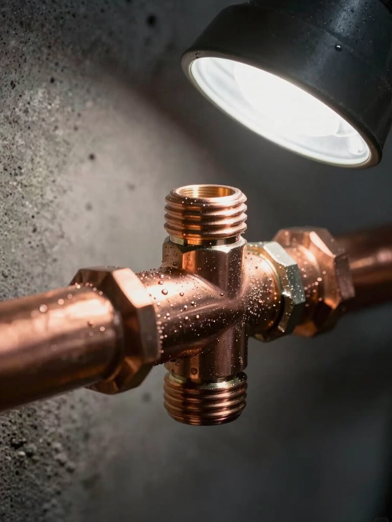 Extreme close-up framing of copper pipe fittings and compression joints mid-installation, task lamp raking light across the metal surface from the right, condensation and flux residue visible on the copper, background a dark concrete wall out of focus — tight portrait crop, no people