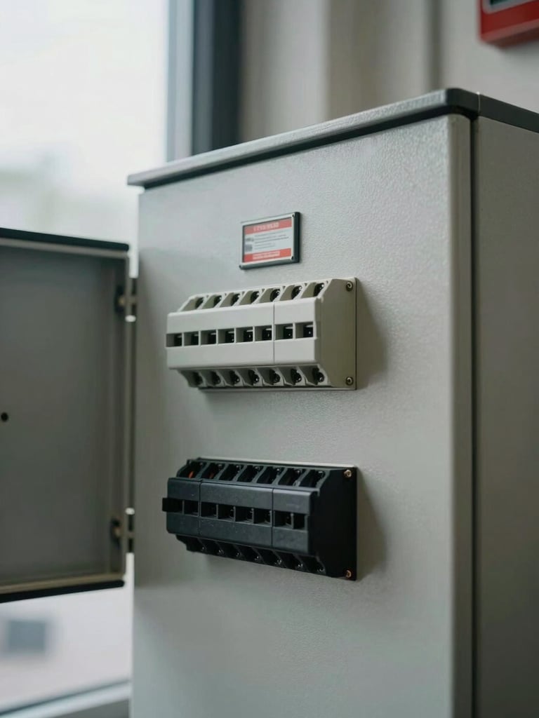 Close-up of a fire alarm control panel face with terminal blocks and wiring harness visible, junction box open beside it, overcast daylight from a nearby window casting even light across the panel surface
