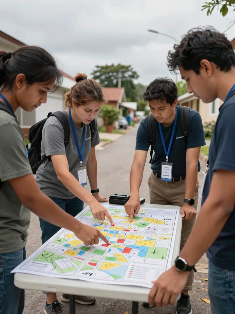 Wide environmental shot, natural overcast daylight, four organizers gathered around a community map spread on a folding table outdoors in a modest neighborhood street, hands pointing at specific blocks, one person taking notes, no posed expressions