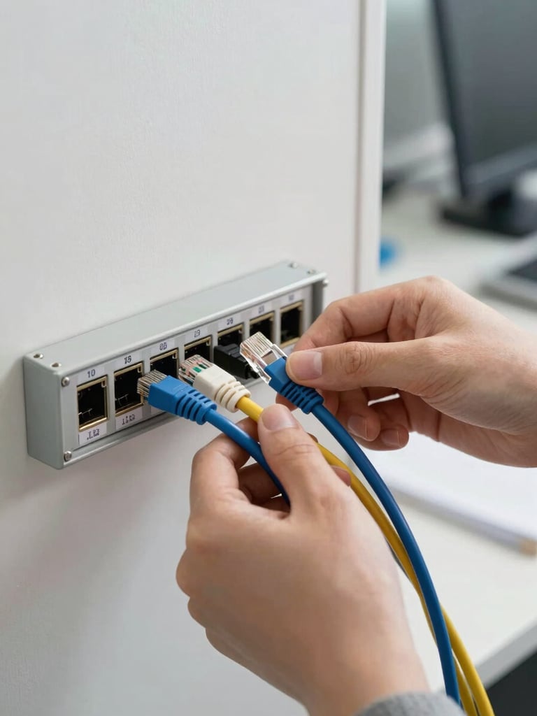 Close-up of hands routing ethernet cables through a small wall-mounted patch panel in a bright daylit office, cable labels visible, clean workspace