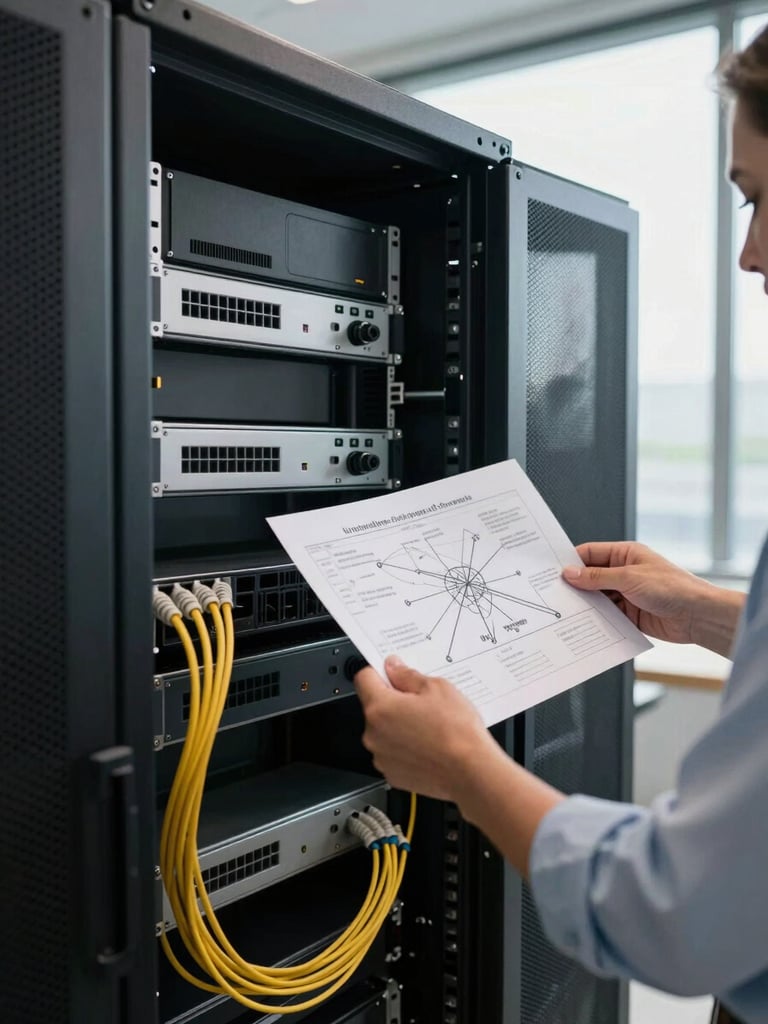 Wide environmental shot of a small office server rack being documented, a consultant's hands holding a printed network diagram, bright north-facing window light, cables neatly bundled in foreground
