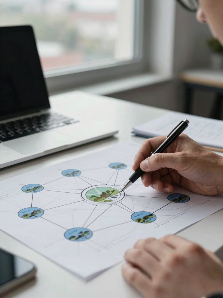 Environmental shot of a network diagram spread on a desk, a consultant's hand annotating it with a pen, overcast daylight through office window, laptop open beside it