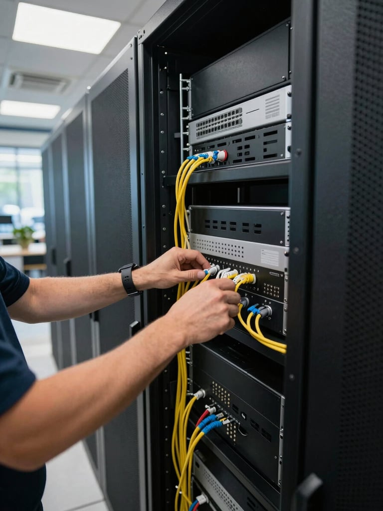 Wide shot of a small business server closet being inspected, hands checking cable connections, bright fluorescent and daylight mix, tidy organized shelving