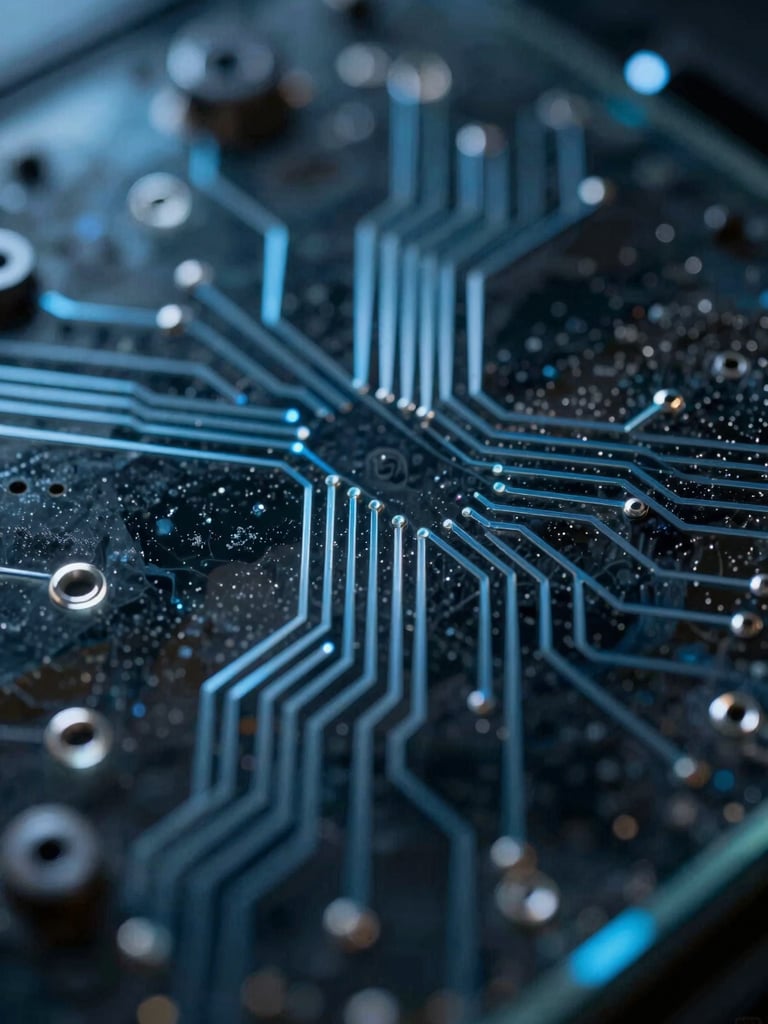 Macro-focused close-up of a dark glassmorphic system visualization, cool blue light-leaks, razor-thin glowing circuit lines on obsidian background.