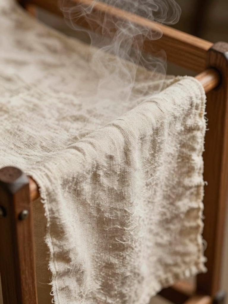 A macro detail of steam-purifying bespoke linen on an antique wooden frame, soft warm directional lighting.
