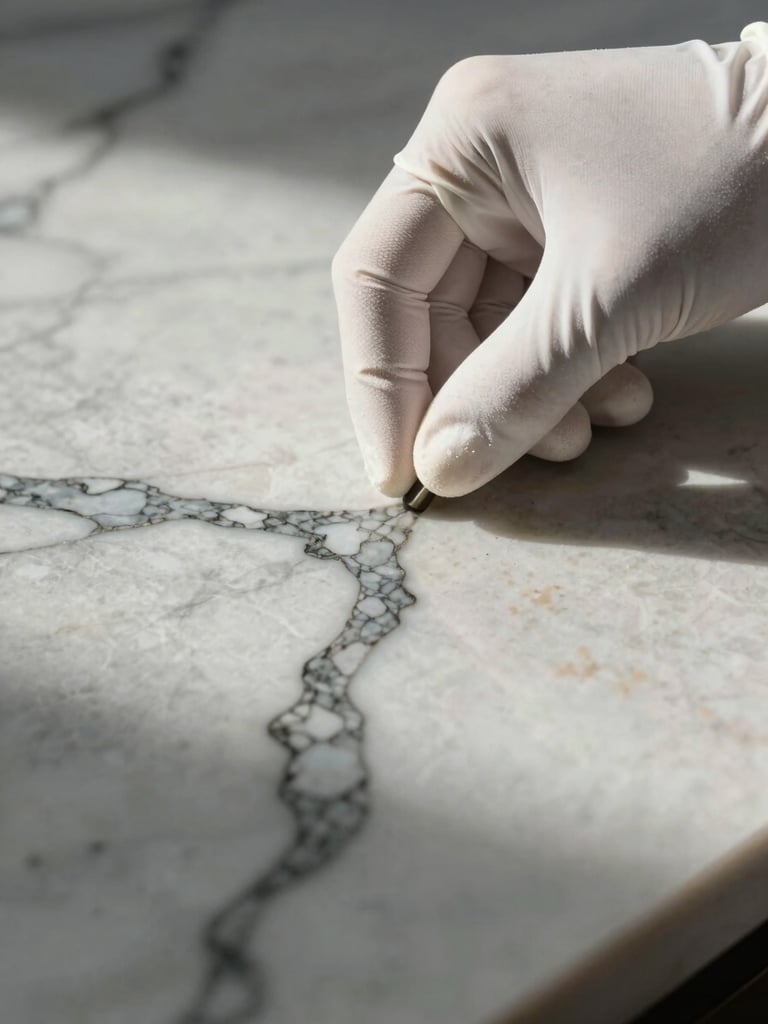 Extreme close-up of a white-gloved hand inspecting a vein of rare Calacatta marble under soft, directional afternoon light.