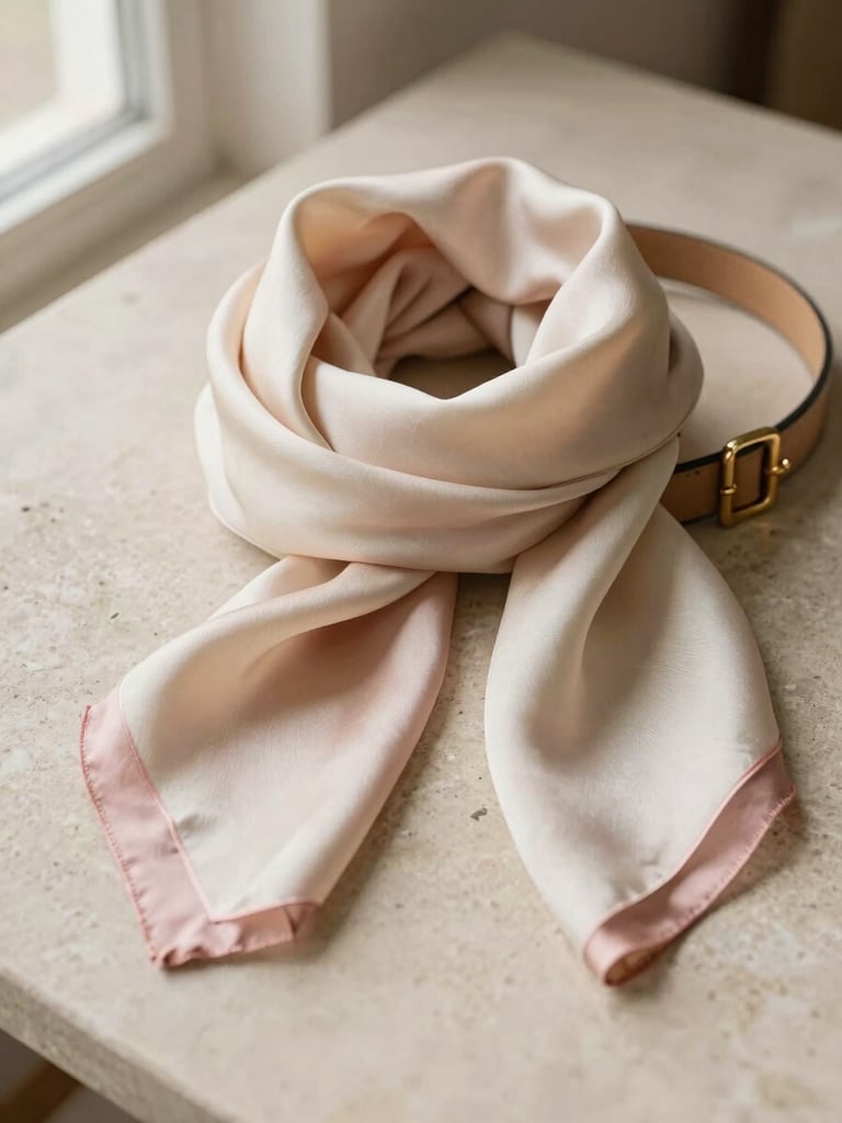 An elegant silk scarf draped next to a minimalist gold-buckled leather belt on a textured stone surface, soft warm lighting, 35mm