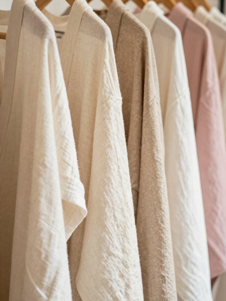 Warm editorial close-up of premium fabric textures, cream and beige linen hanging on a wooden rack in a sunlit boutique, soft shadows, 35mm