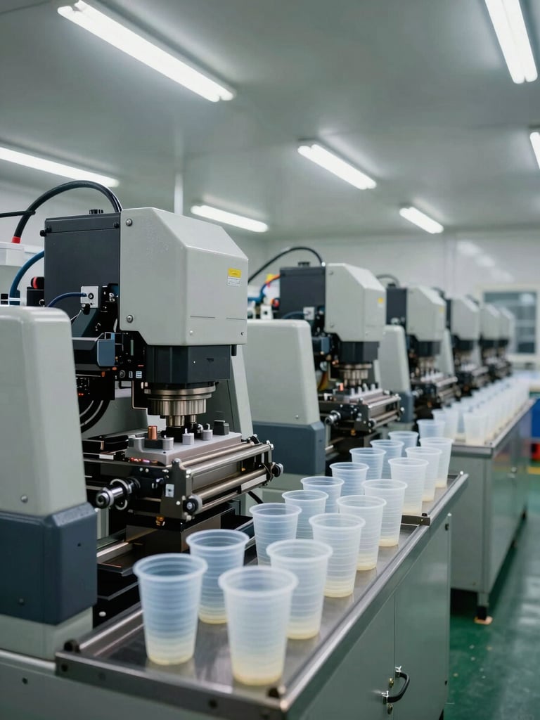Wide three-quarter view of industrial plastic cup manufacturing machinery inside a clean factory floor, high-key overhead fluorescent lighting, rows of automated molding equipment in sharp focus, no workers, no beverages