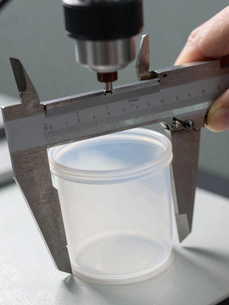 Extreme close-up of plastic cup rim and wall texture on a quality control station, bright north-facing studio lighting, steel caliper measuring cup wall thickness, industrial inspection surface, no hands