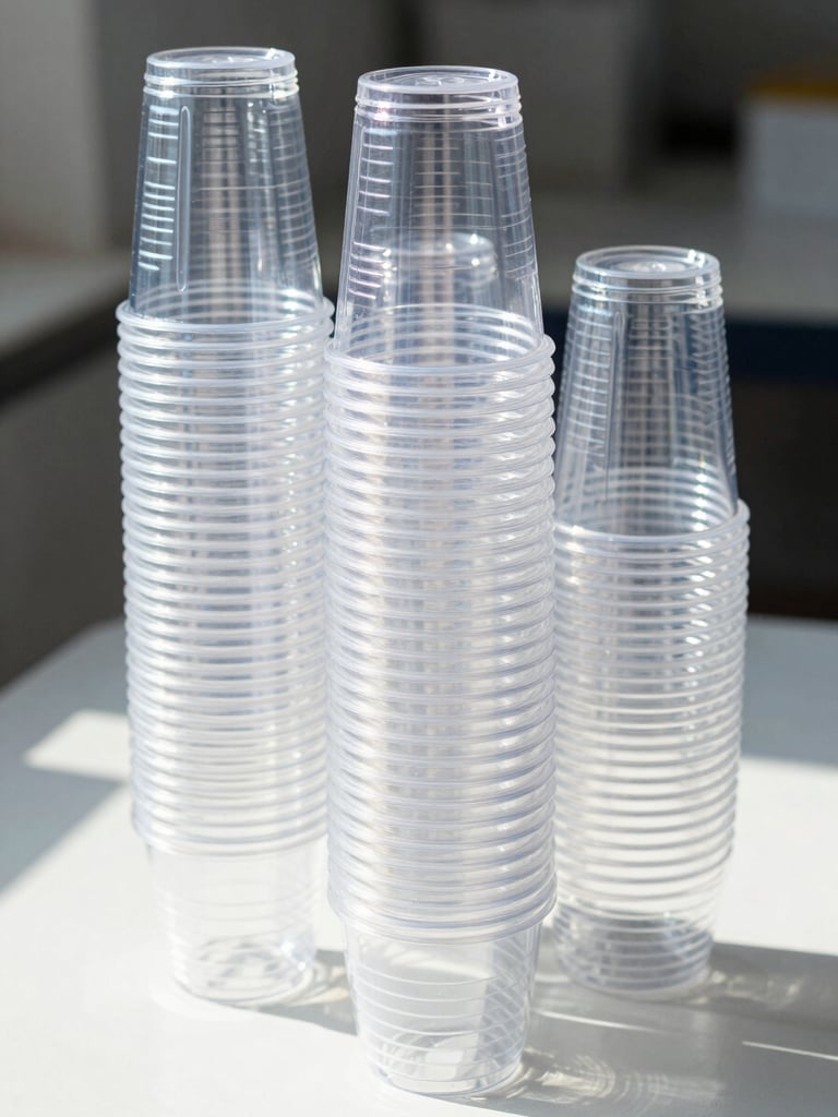 Close three-quarter studio shot of a tall stack of transparent PET plastic cups on a white surface, bright north-facing daylight, high-key shadowless lighting revealing cup wall clarity and rim detail, industrial scale implied by quantity, no beverages or hands
