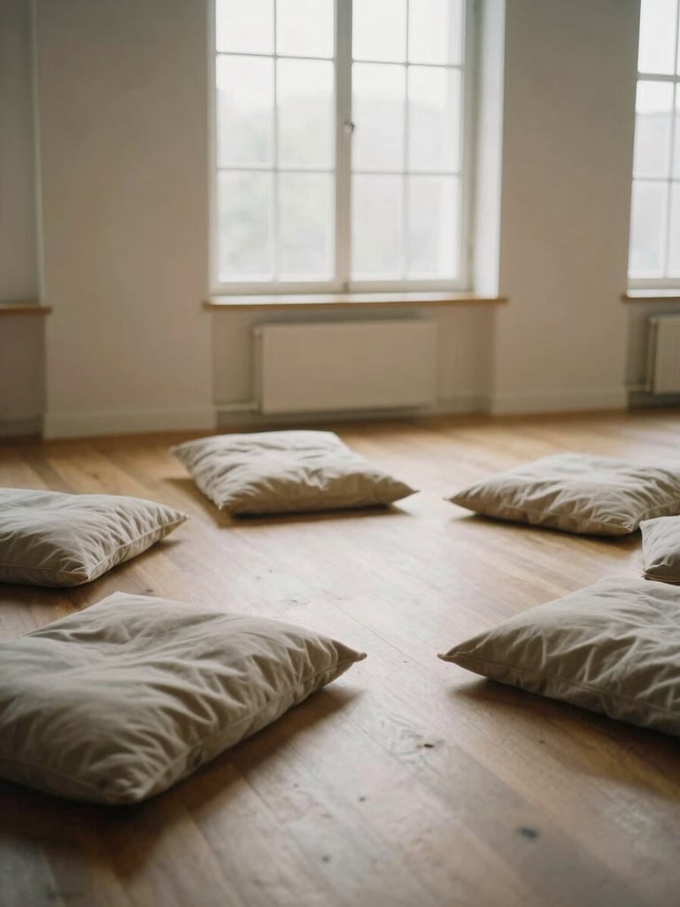 Soft natural window light illuminating a peaceful somatic studio with wooden floors, soft blankets arranged in a circle, warm minimalist atmosphere