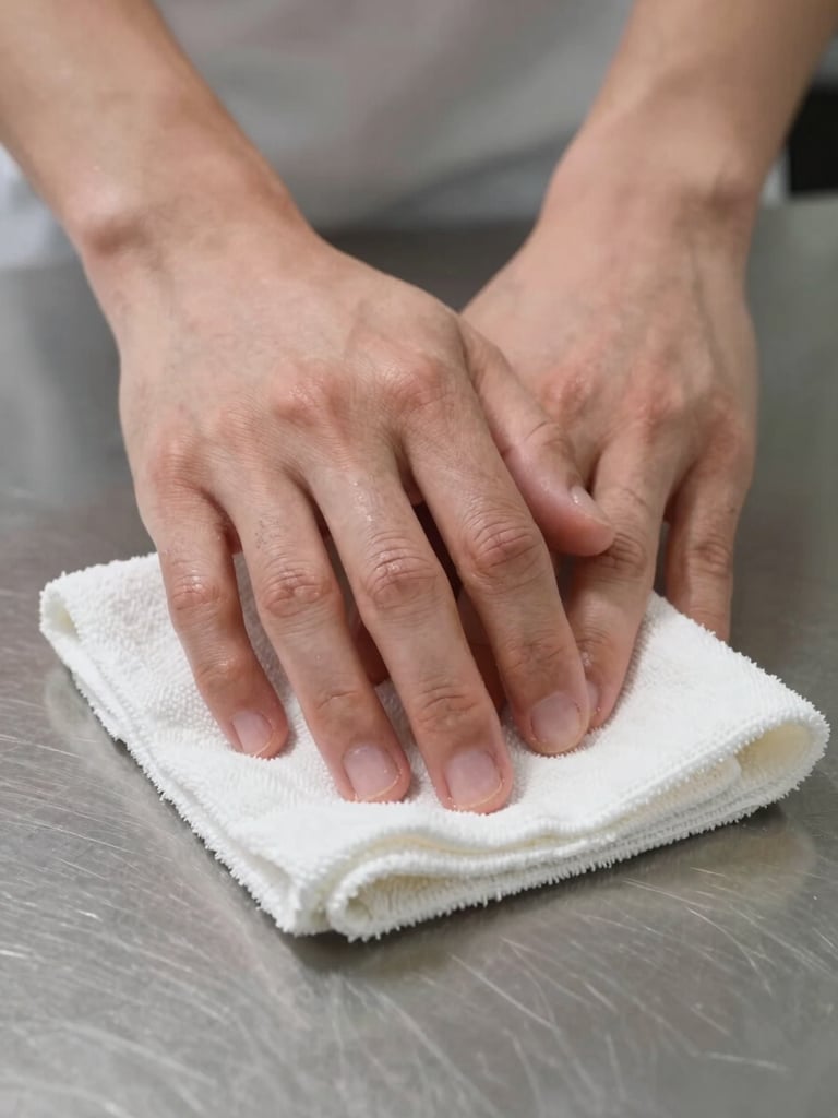 Extreme close-up of gloved hands pressing a folded white microfibre cloth firmly onto a stainless steel kitchen countertop, bright neutral studio light from above, clinical precision, no people visible beyond the hands