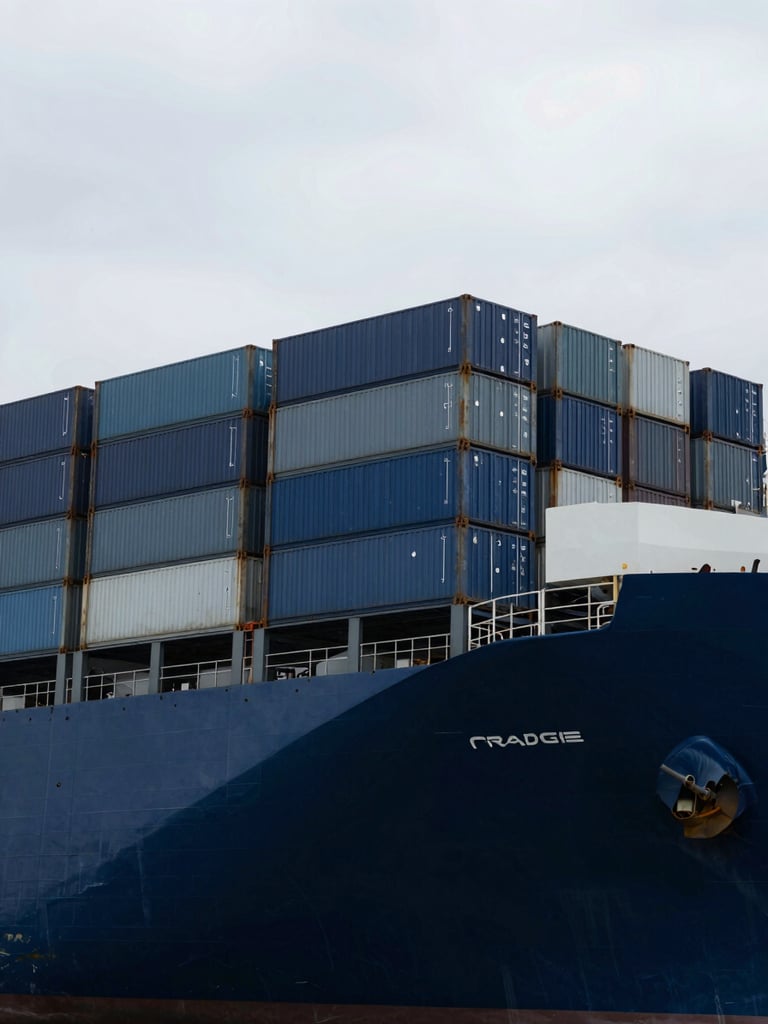 Sharp overhead angle of a massive container ship grid, deep blue maritime tones, high-contrast overcast daylight.