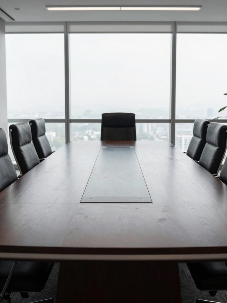 Quiet executive boardroom with a long dark wood table, structured corporate environment, desaturated cool tones, natural window light.