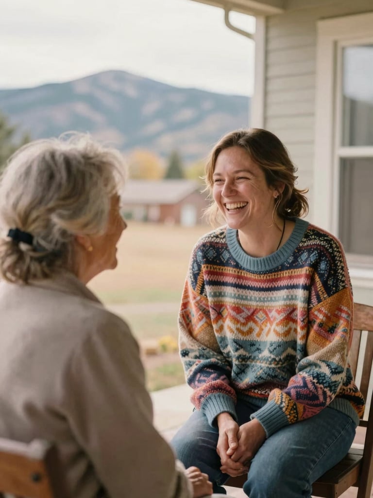 A warm community health worker in a colorful sweater laughing with an elderly woman on a porch in Colorado, soft mountain daylight, comforting tones, 35mm