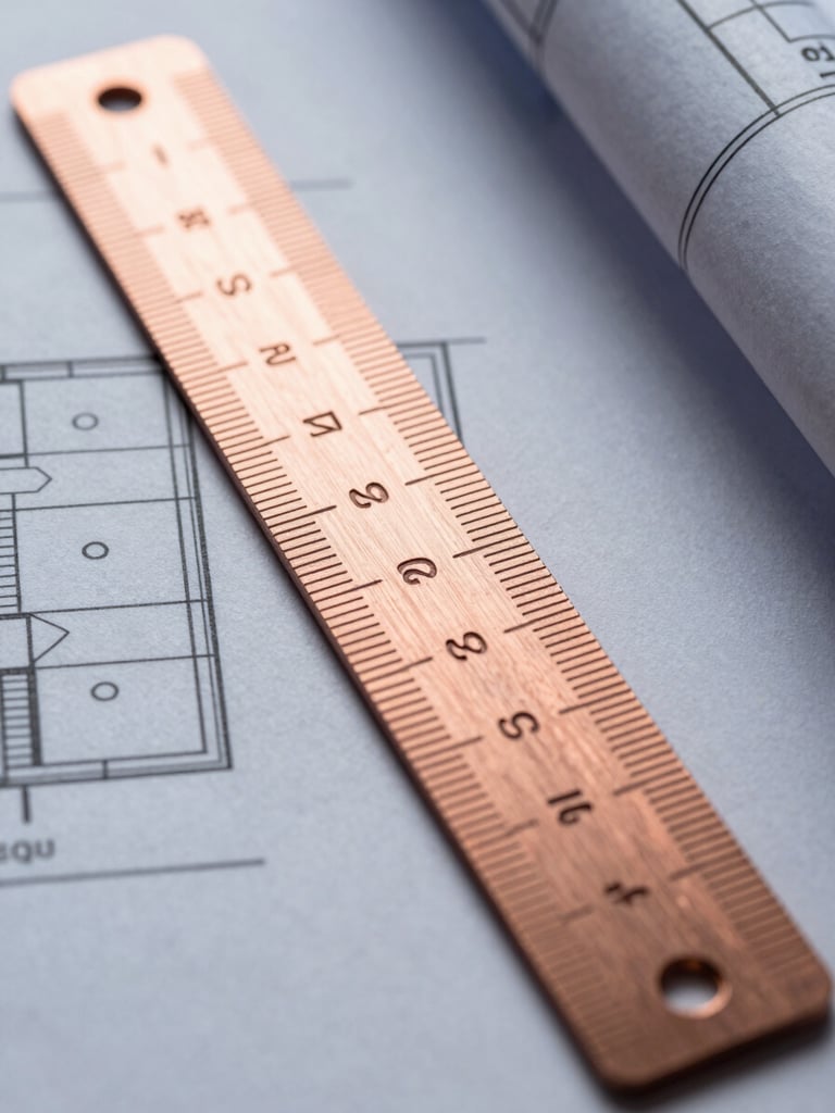 Extreme close-up of a technical blueprint with clean copper lines, architectural scale ruler resting on textured heavy paper, soft natural side lighting.