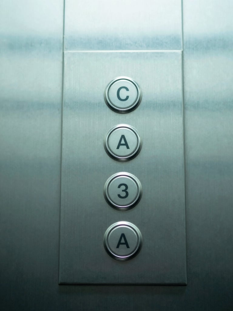 Macro shot of a sanitized metal elevator button panel in a corporate building, sharp focus, clean white overhead office lighting, sterile mint-teal accents.