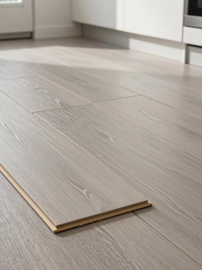 Close-up of luxury vinyl plank flooring installed in a bright kitchen, shot at floor level in afternoon side light, plank edges and locking seams sharp, soft ash-grey tones with subtle wood grain texture