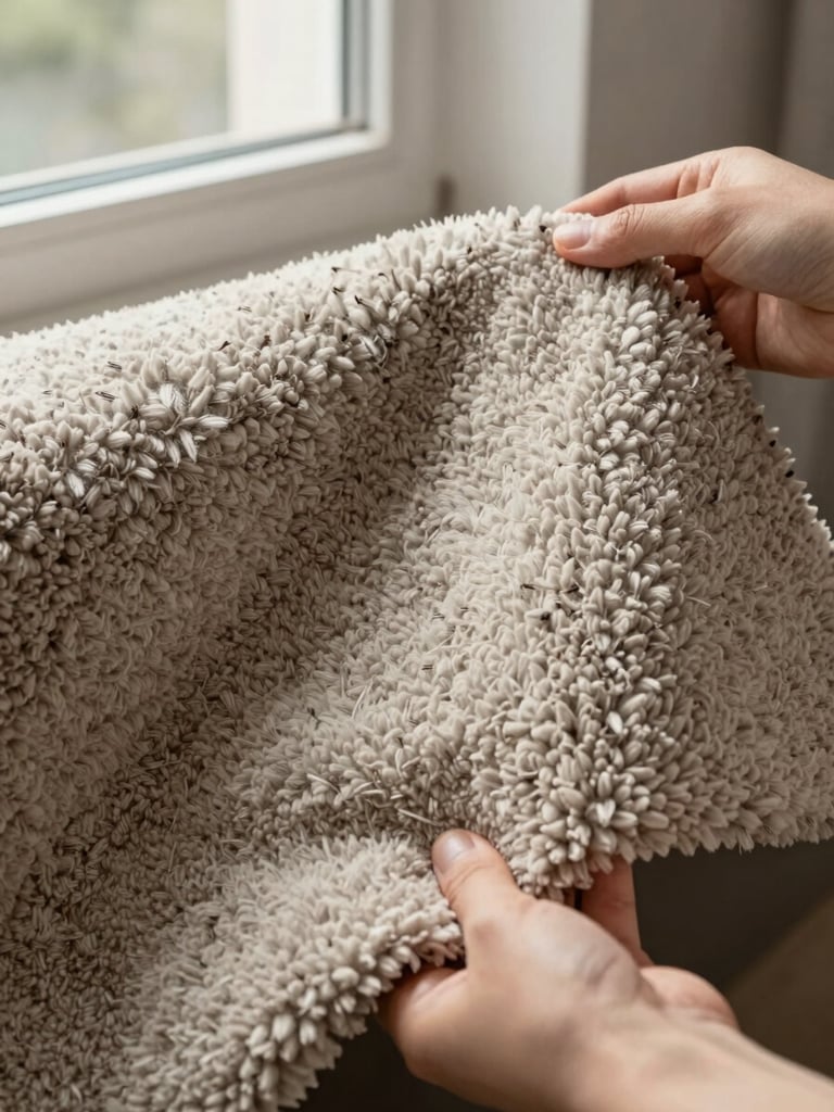 Close-up of a plush carpet sample held in two hands near a window, natural north-facing daylight illuminating the pile depth and fiber texture, warm greige tones, no people's faces visible
