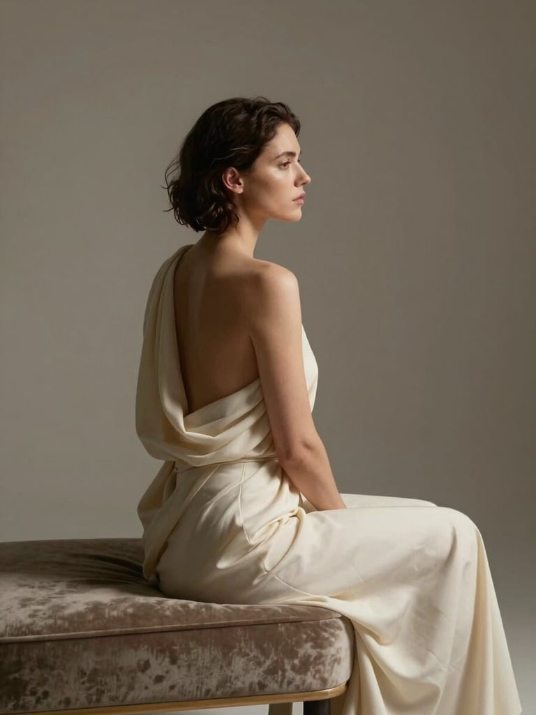 Close three-quarter figure study, a woman in draped ivory fabric seated on the edge of a low velvet chaise, studio-controlled warm directional light carving deep shadow along her shoulder and jaw, face turned away from camera, negative space above and to the right, editorial and still