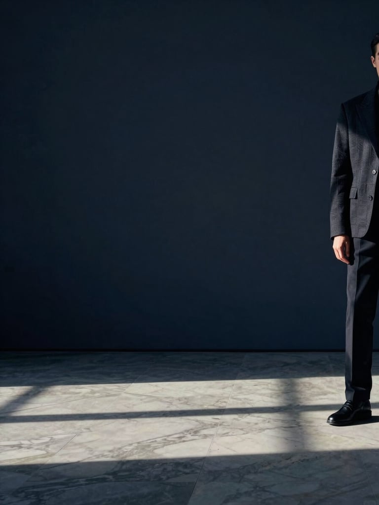 Wide editorial scene: a figure in structured dark fashion standing at the far right of frame, deep navy-toned interior with dramatic raking studio light casting long shadows left across an empty marble floor, atmospheric and sparse, cinematic three-quarter crop, intentional negative space dominating the left two-thirds