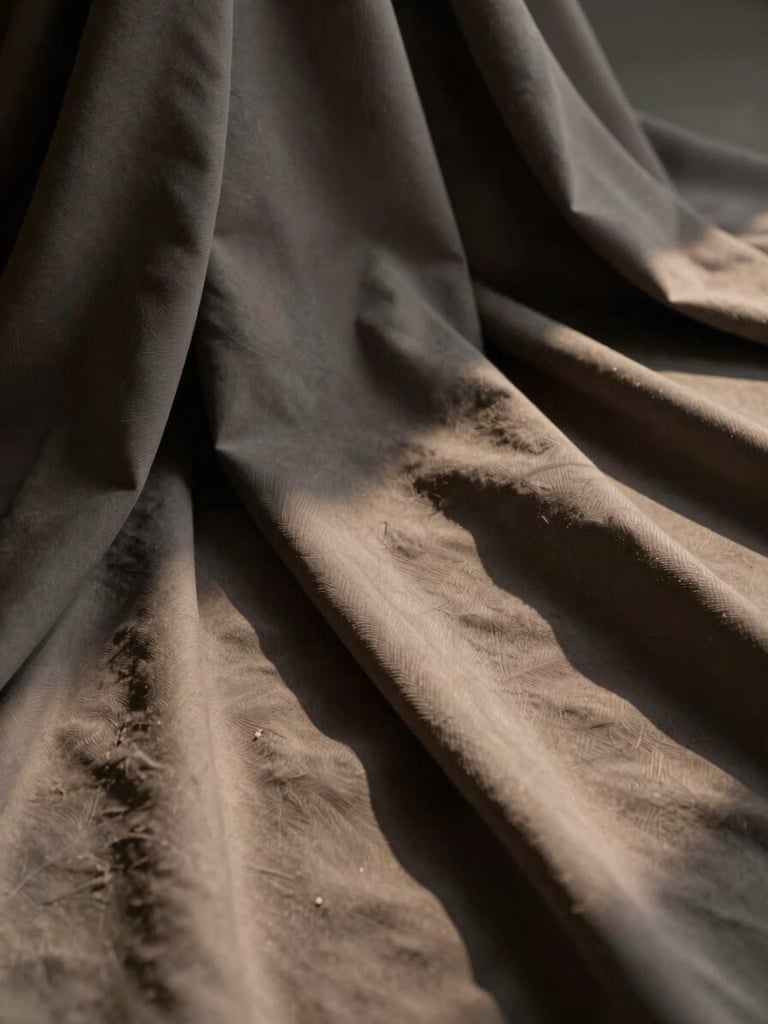 Close editorial detail: draped fabric in deep tonal neutrals arranged deliberately on a textured surface, warm directional studio light from upper left casting precise shadow contours, extreme close-up framing, no human face, pure compositional abstraction suggesting production craft