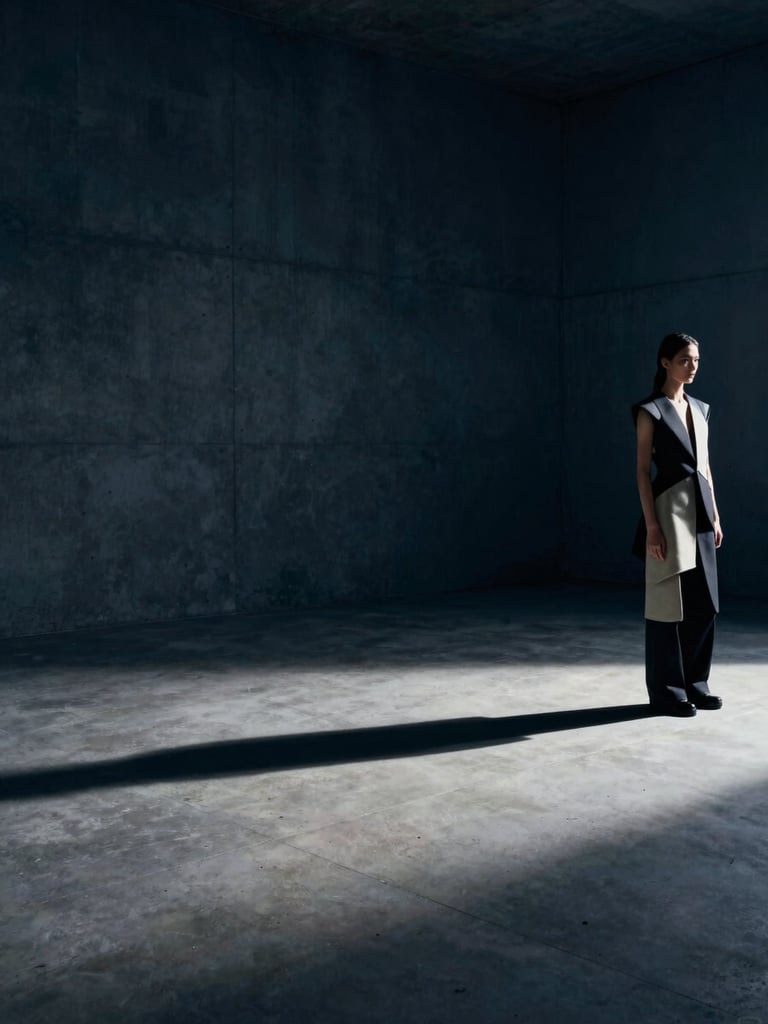Wide editorial scene: a model in structured avant-garde garments stands at the far right of an empty raw-concrete room, dramatic directional studio light casting a long shadow across the floor to the left, deep navy tones, vast negative space occupying two-thirds of the frame