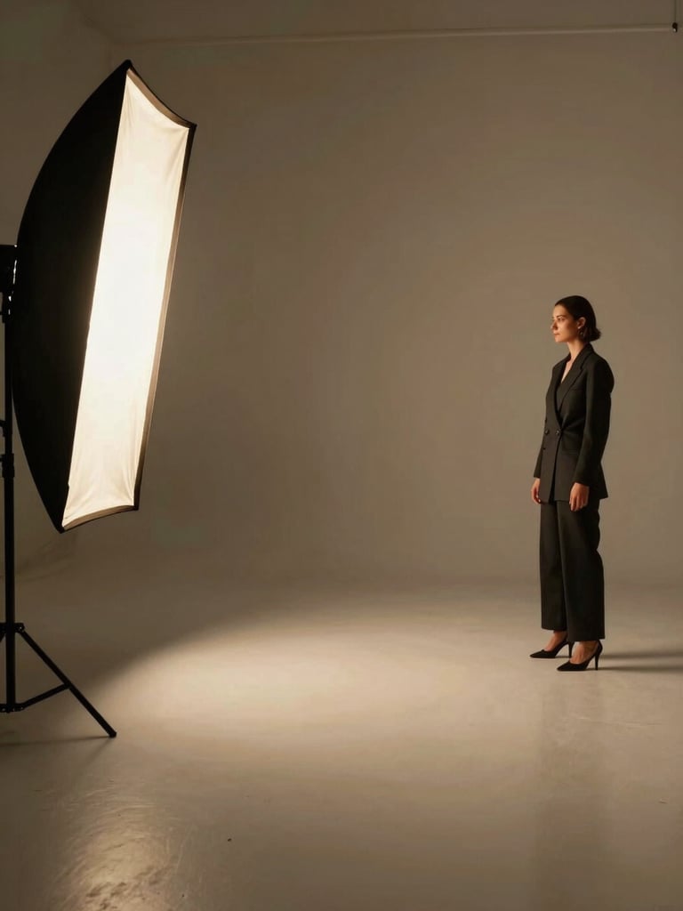 Wide production scene in a sparse studio: a woman in structured dark fashion pieces stands at the far right of the frame, a large softbox source visible at the left edge casting dramatic warm light across the empty floor, intentional scene design visible in the environment, cinematic and editorial