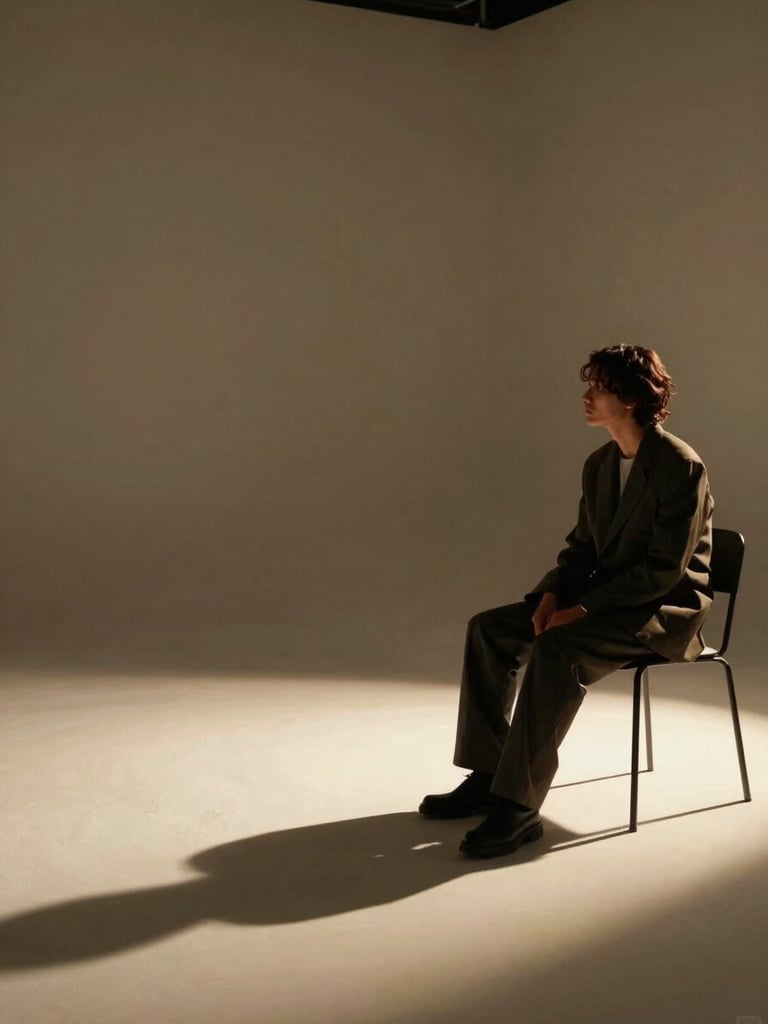 Wide editorial scene on a film set interior, a figure in tailored dark fabric seated at an angle under a single dramatic side light, props arranged with intentional negative space to the left, deep shadows carving geometry across the frame, studio-controlled warm tungsten glow