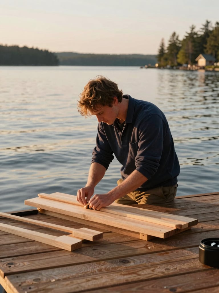 Young Rick, the founder, working on a wooden dock by a calm Muskoka lake at golden hour, hands-on, focused on craftsmanship, warm editorial photography.