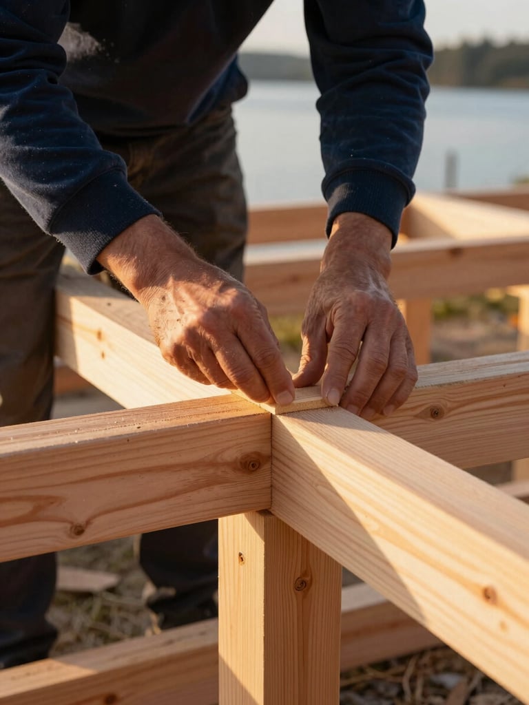 Close-up of skilled hands performing precise timber-frame joinery, warm cedar tones, focused lighting.