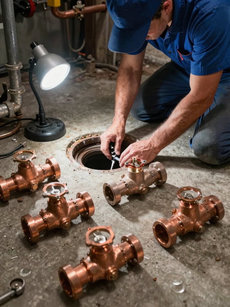 Wide environmental shot of a licensed plumber working on a corroded drain assembly in a White Plains basement, work lamp casting cool-white light across copper valves and pipe sections laid out on concrete floor
