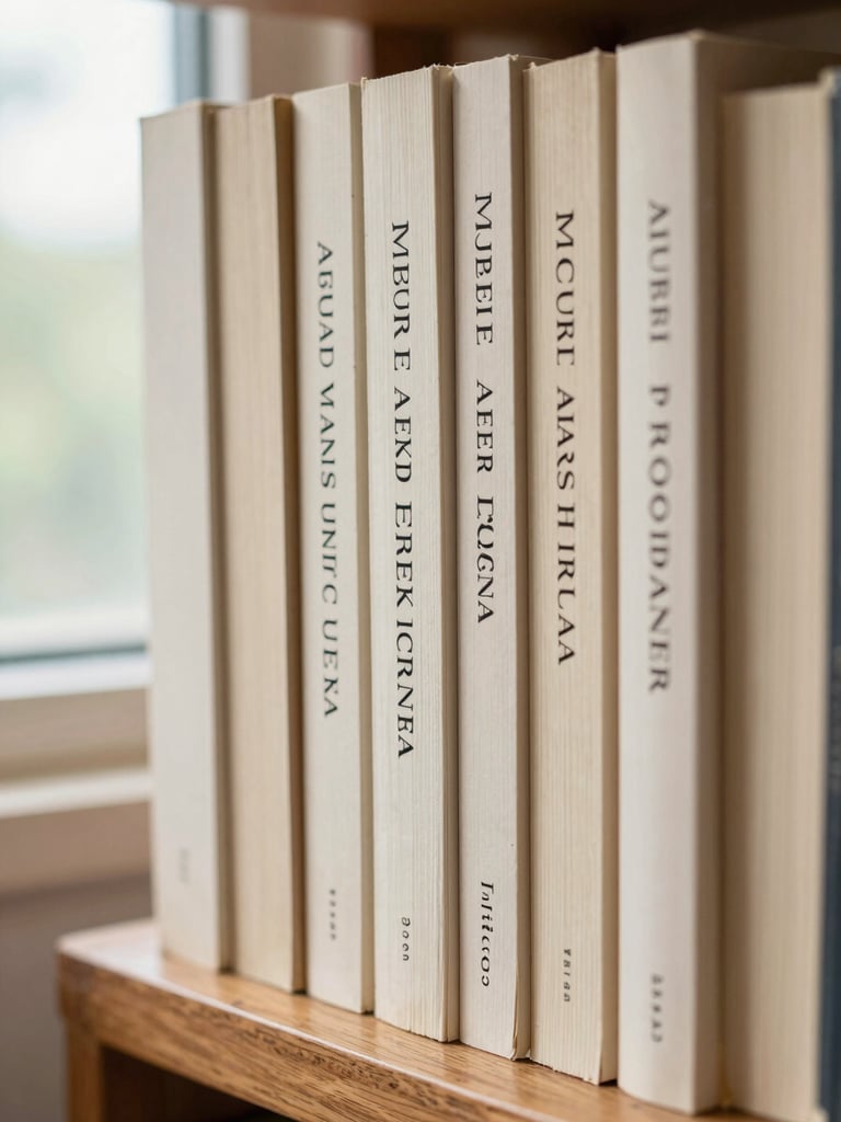 Tight vertical composition, right edge of frame — a stack of Indonesian literary fiction paperbacks on a wooden shelf, spines facing camera, natural north-facing window light from the left, warm cream paper tones visible, soft shadows between volumes, no text legible