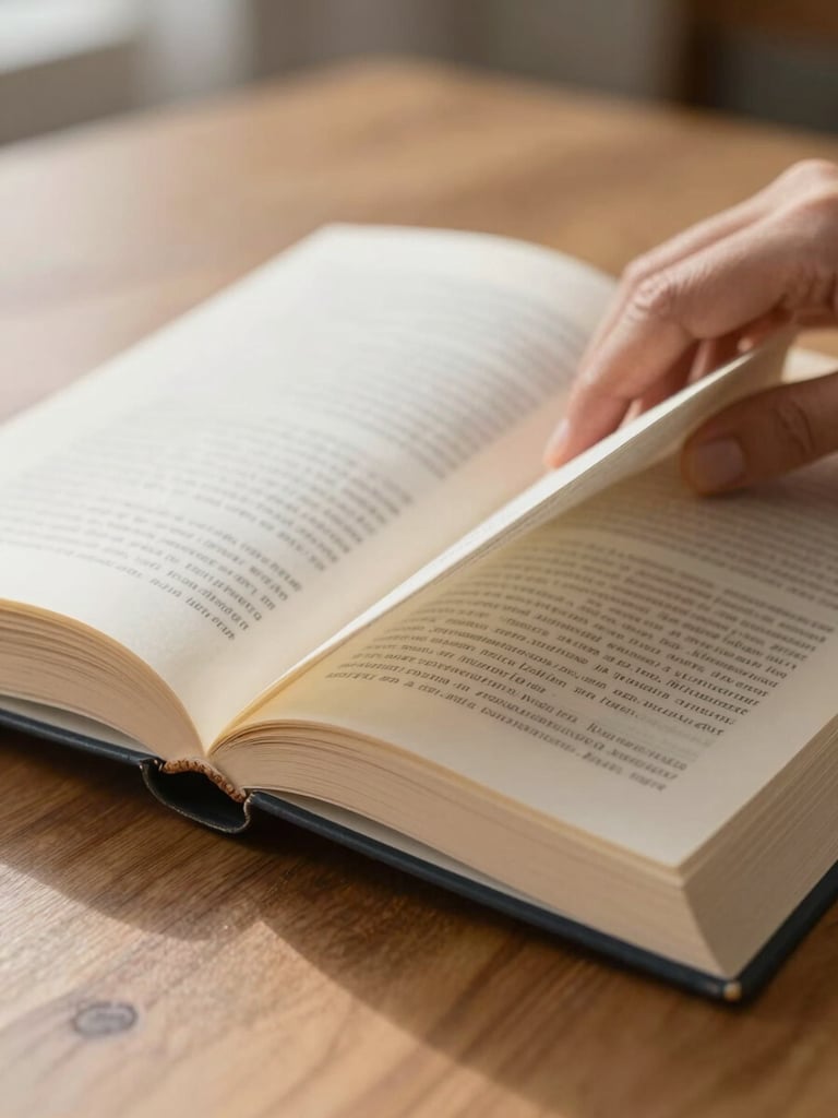 Close-up of a hand slowly opening a paperback book on a wooden desk, soft north-facing daylight from the left, paper texture and spine binding visible in sharp focus, muted cream tones