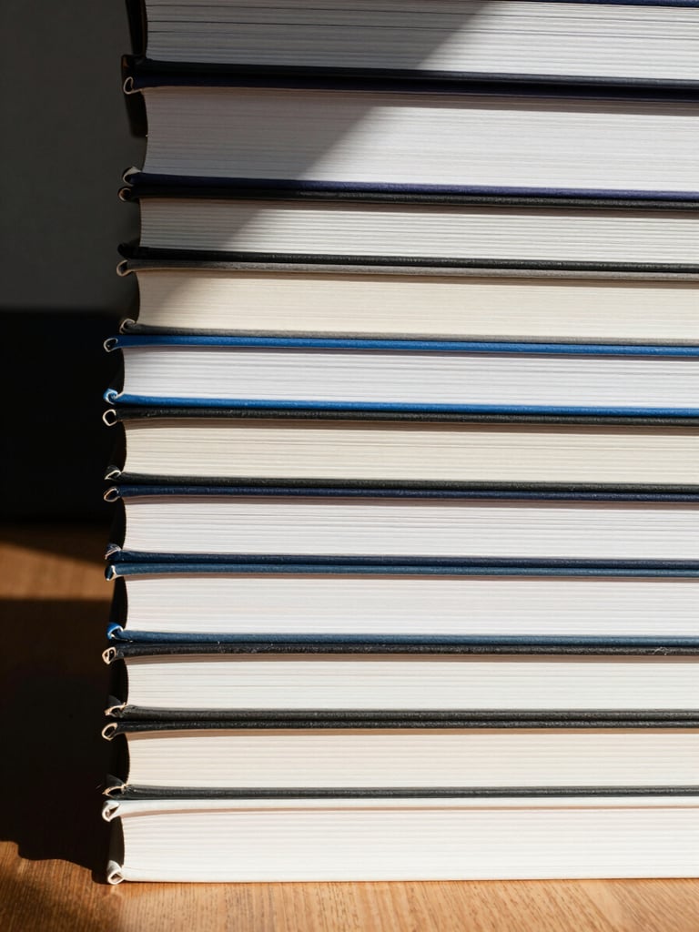 Close-up portrait framing of a stack of essay books on a wooden desk, spines facing camera, soft north-facing daylight raking across paper texture and cloth covers, tight on the vertical stack with shadows falling left