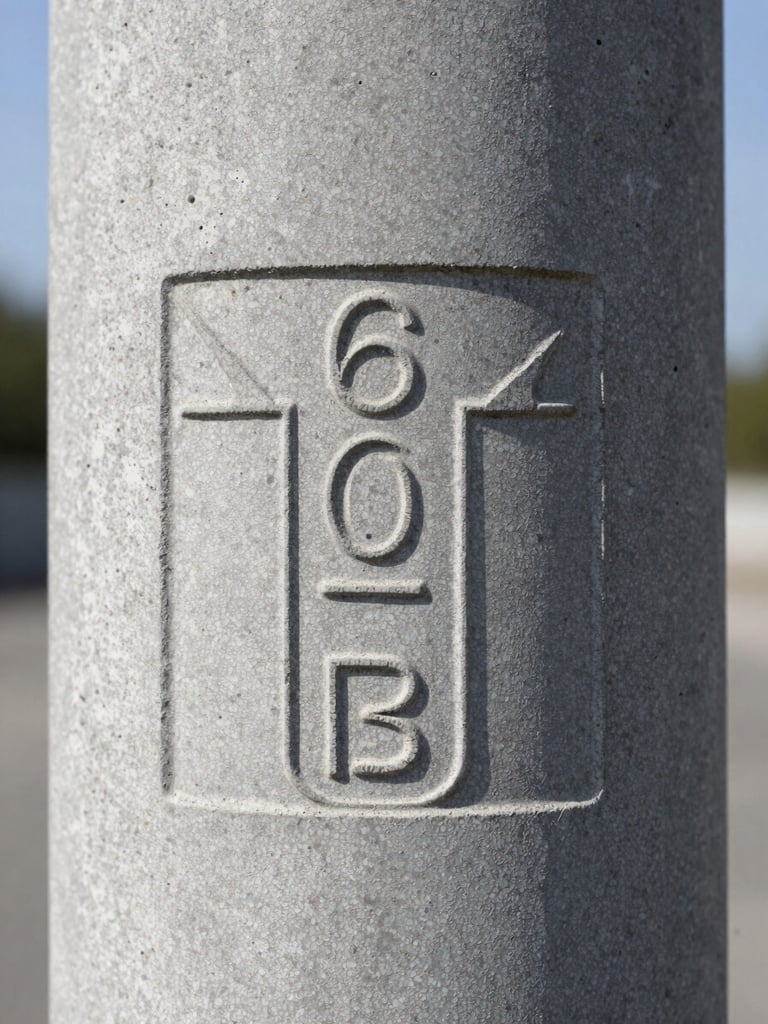 Extreme close-up of a stamped homologation mark and dimensional engraving on the surface of a gray concrete Double T pole, natural daylight, sharp focus on embossed digits, rough concrete texture visible