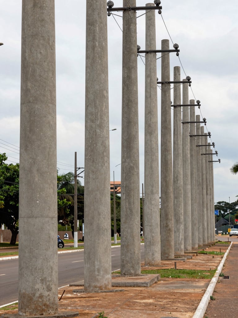 Wide-angle daylight shot of a row of concrete circular poles installed along an urban avenue in Brasília, shot from street level looking down the line — poles receding into the distance, electrical distribution lines attached, no people, overcast natural light, industrial gray concrete surface texture visible
