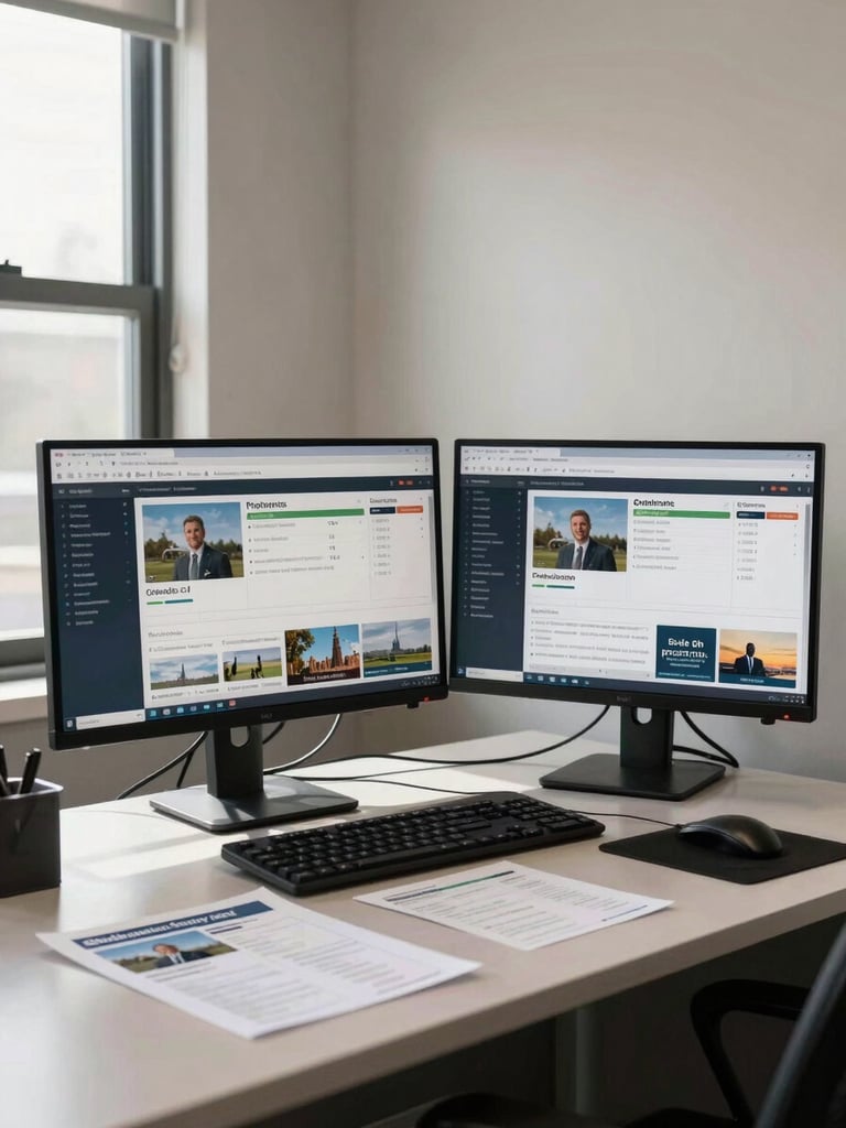 Wide environmental shot of a small Georgia office interior, a desk with two monitors showing campaign dashboards, natural window light from the left casting soft shadows across the workspace, printed campaign notes visible on the desk surface, no people in frame, clean and functional atmosphere