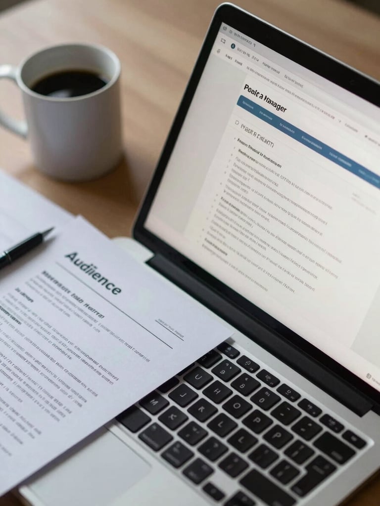 Close-up overhead desk study: a laptop screen showing a paid search campaign manager interface, a printed audience brief beside it, a coffee mug at the edge, neutral office daylight from the upper left, no person visible