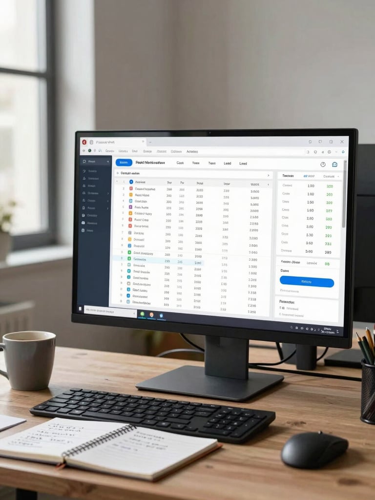 Wide environmental shot of a desk workspace, a large monitor displaying a live paid-media campaign dashboard with audience targeting columns and cost-per-lead metrics, a notepad with handwritten campaign notes beside a coffee mug, neutral office daylight from a window to the left, no person visible — the work itself is the subject