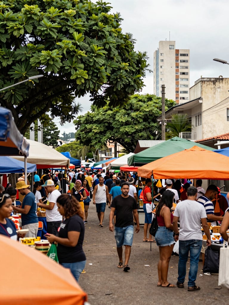 Vista panorâmica de uma feira livre movimentada em Curitiba, com diversas barracas e pessoas interagindo, sob um céu nublado, focando na comunidade e na energia local, com tons de verde e laranja.