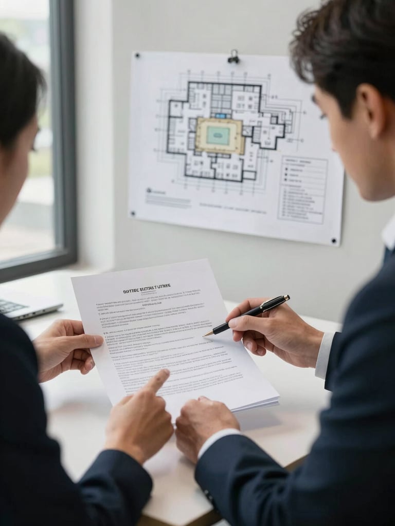 Medium shot of an architect and a legal professional seated at a table in a working office, both reviewing the same set of property documents under natural window light, a site plan pinned to the wall behind them, hands pointing to specific contract clauses