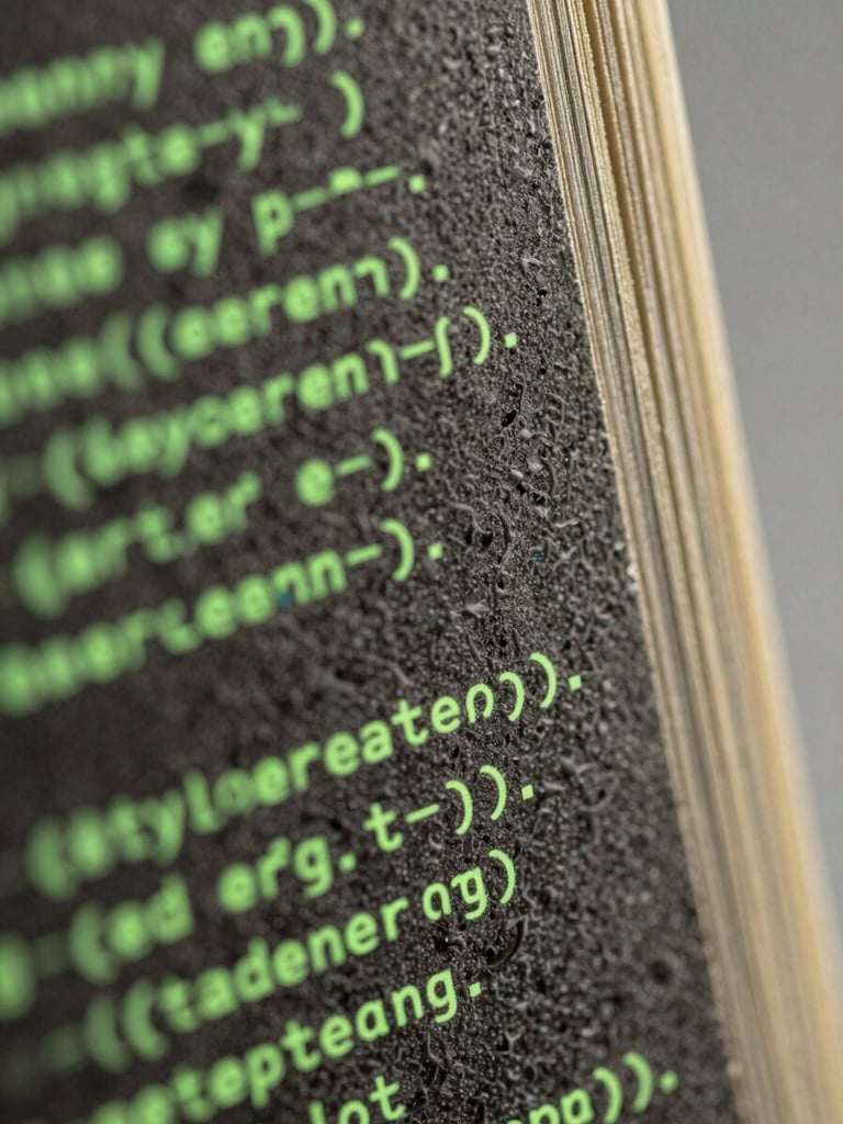 Extreme close-up of heavy textured paper binding overlaid with glowing green raw code, sharp shadows, technical editorial framing