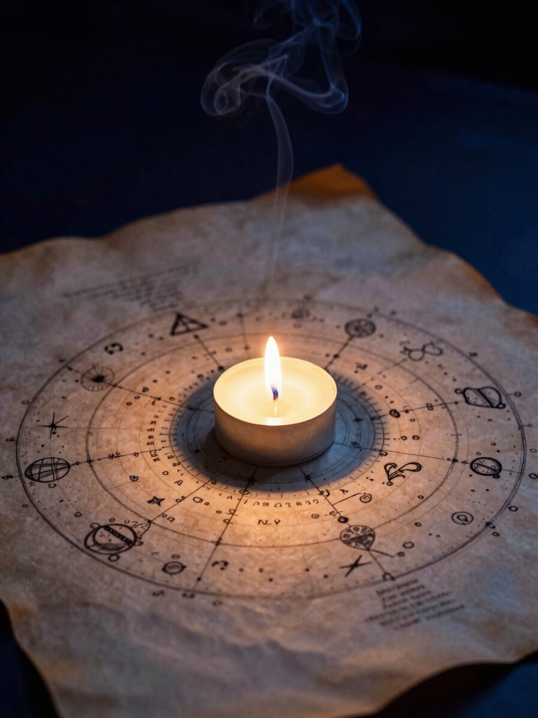 Warm candlelight illuminating a hand-drawn astrological chart on ancient parchment, subtle incense smoke, deep shadows, mystical atmosphere