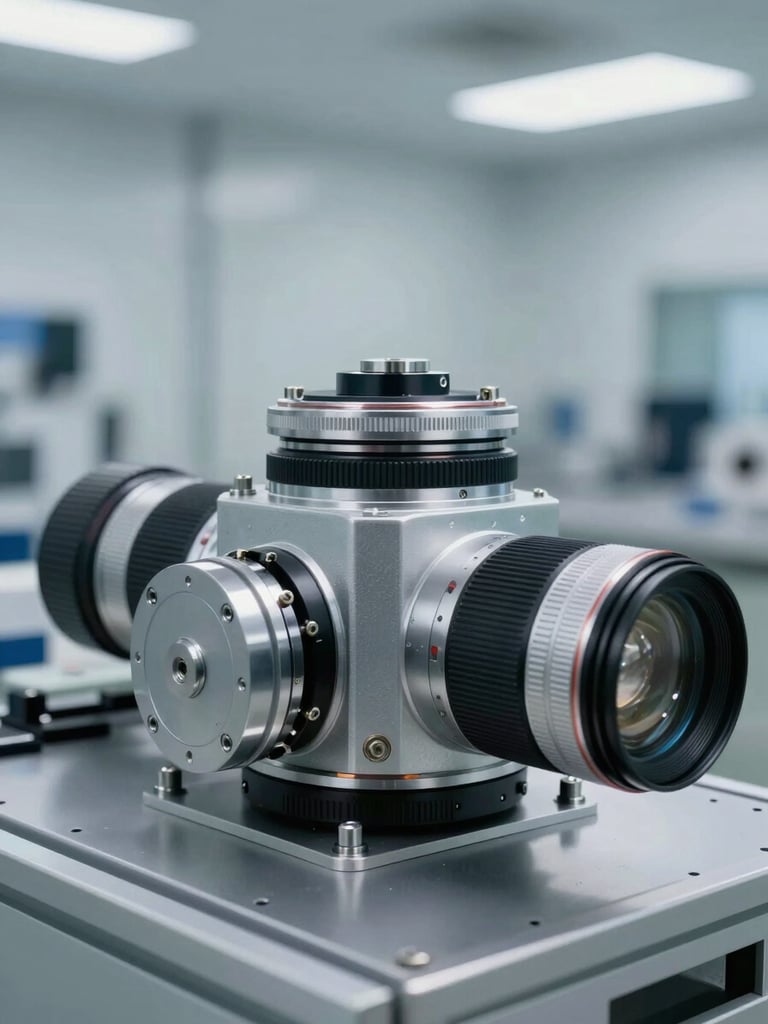 Close-up of high-tech industrial components on a clean metal surface, sharp technical details, cool-toned daylight, professional corporate photography, 35mm lens